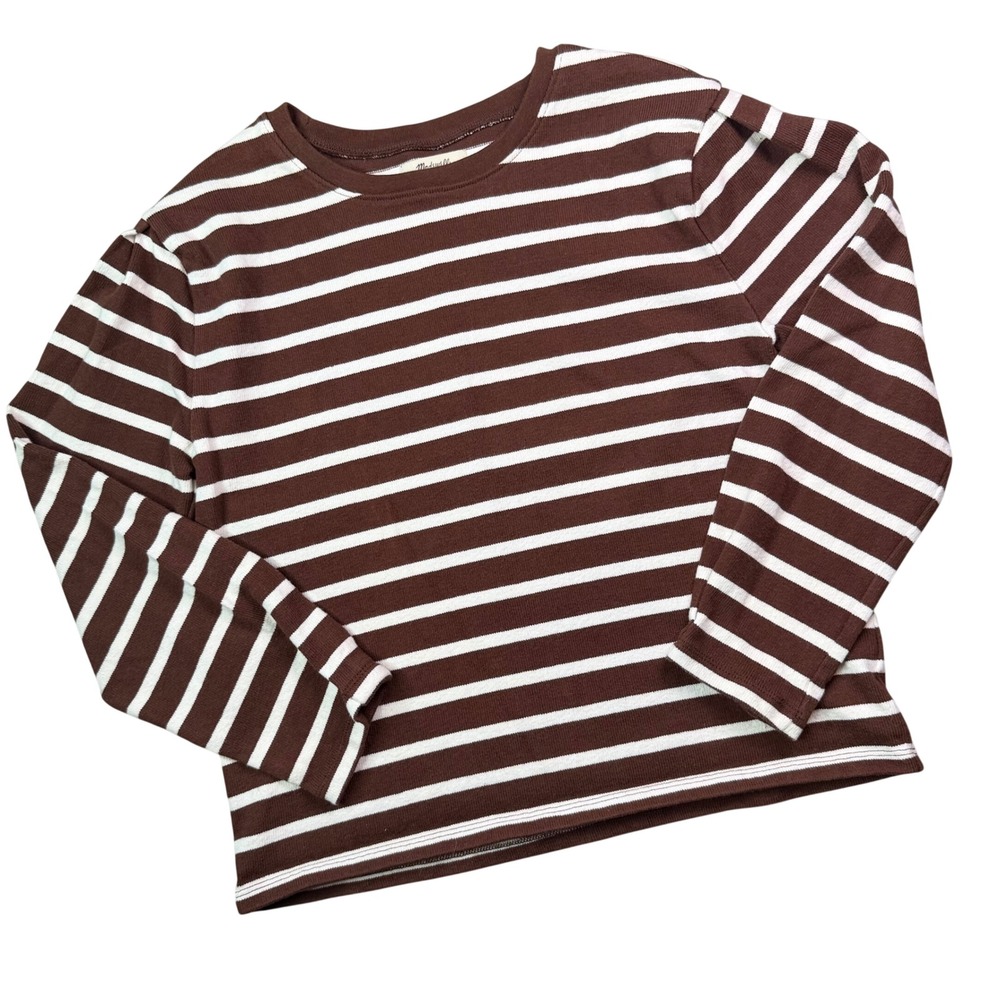 Madewell Striped Puff Sleeve Tee Womens XS Brown Long Sleeve Cotton minimalist